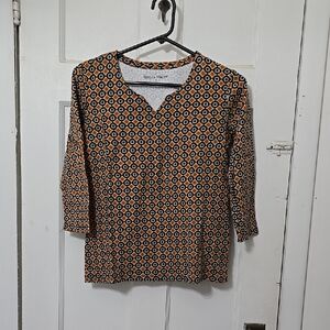 REBECCA MALONE SIZE MEDIUM 3/4 SLEEVE NOTCH NECK FUN BURST PRINT